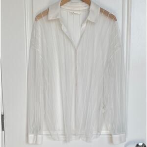 Oak and Fort Casual Long Sleeve Sheer Collared Blouse Shirt White Large Top